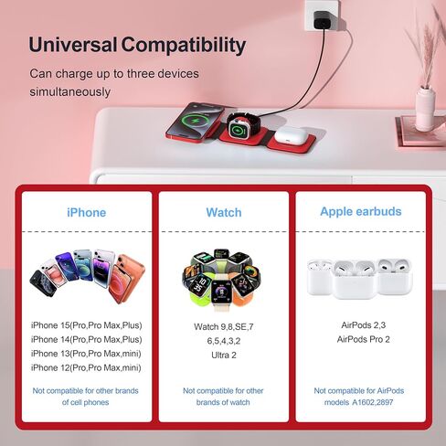 UCOMX 3 in 1 Charging Station for Mult-ple Devices,Foldable 3 in 1 Wireless Charger for Travel,Nano Wireless Charging Station for iPhone 15 14 13 12 Pro Max/Watch 9 8 7 6 5 4 3 Ultral/AirPod Pro in Saudi Arabia