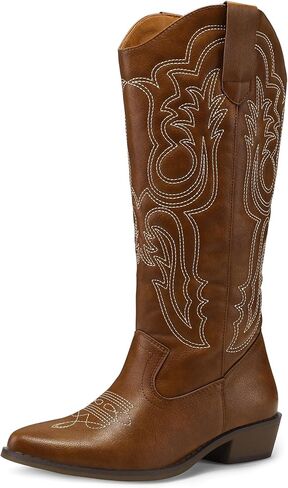 mysoft Women's Cowboy Boots Mid Calf Cowgirl Boots Embroidered Western Pointed Toe Chunky Heel Pull On Knee High Boots in Kuwait