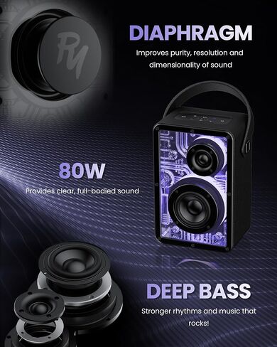 Raymate Bluetooth Speakers Wireless, 80W Bluetooth Speakers with Subwoofer Bluetooth-V5.3, HiFi Stereo Sound, Rhythmic Lighting System, 15H Playtime, 8000mAh Power Bank for Phone, Portable for Outdoor in Saudi Arabia