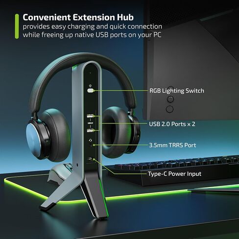 MINQ White RGB Tripod Headphones Stand for Desk - Gaming Headset Stand - Aux - USB Ports - Suitable for Gamer Desktop Table Game Earphone Accessories in Saudi Arabia
