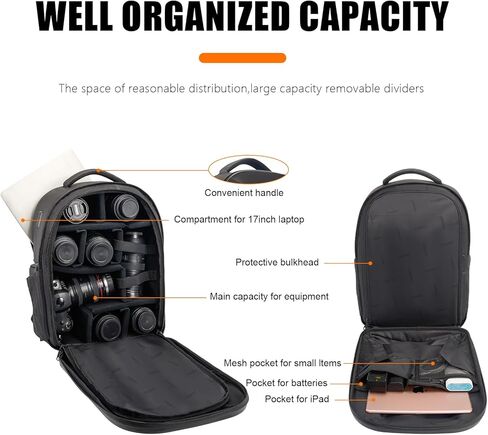 حقيبة ظهر للكاميرا صلبة، حقيبة كاميرا كبيرة مقاومة للماء للتصوير الفوتوغرافي مع حجرة كمبيوتر محمول مقاس 15.6 بوصة، حقيبة كاميرا للسفر للمصورين والنساء والرجال لكاميرا Canon Nikon Sony DSLR SLR بدون مرآة in Kuwait