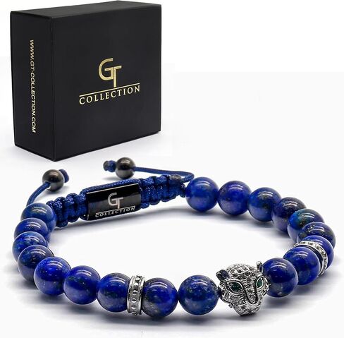 أساور مطرزة بنقش النمر مصنوعة يدويًا للرجال من مجموعة جي تي - أساور من الحجر الطبيعي - سوار رجالي مع خرزة النمر من الفولاذ المقاوم للصدأ، وسلك قابل للتعديل، وأحجار كريمة قوية in Kuwait