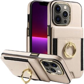 S. Dawezo Compatible with iPhone 13 Pro Max Wallet Case with Card Holder,360°Rotation Ring Holder Stand Case,RFID Blocking Drop Protection with Magnetic Snap Case for iPhone 13 Pro Max-Beige