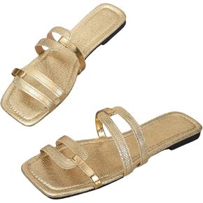 Floerns Women's Metallic Square Open Toe Flat Sandal Two Straps Slip on Dressy Sandals