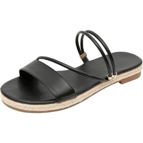GATUXUS Women's Espadrilles Slip On Flats Sandals Peep Toe Slides Slingback Raffia Sandals Summer Beach Shoes