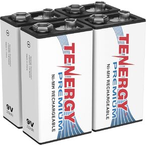 Tenergy Premium 9V Batteries Rechargeable High Drain 250mAh NiMH 9V Square Battery for Smoke Alarm/Detector, 4 Pack