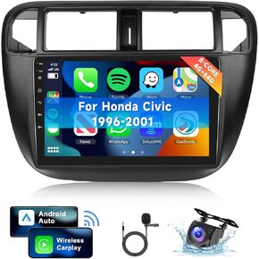 [8 CORE 4G+64G] Car Radio for Honda Civic 1996-2001 with Wireless Carplay/Android Auto, 9 Inch Android 13 IPS Touch Screen Car Stereo, Bluetooth, GPS Navi, WiFi, SWC, DSP + Backup Camera
