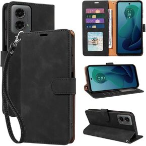 for Moto G 5G 2024 Case Wallet/for Moto G Play 5G 2024 Phone Case,RFID Blocking 4 Card Slots Holder,Wrist Strap,Shockproof Protective Stand Leather Magnetic Folio Flip Cover (Black)