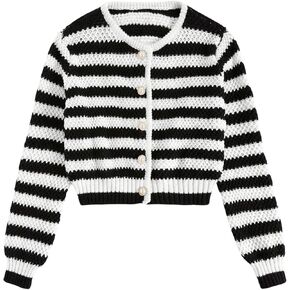 MakeMeChic Women's Striped Cardigan Sweater Long Sleeve Button Down Knit Cropped Cardigan
