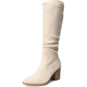 DREAM PAIRS Knee High Boots Women, Comfortable Chunky Block Heel Pointed Toe Pull On Side Zipper Suede Slouch Riding Boots, Beige, Size 8, Sdkb2308w