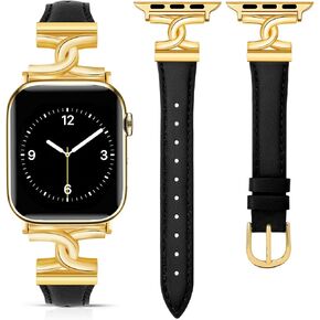 Slim Leather-Bands Compatible with Apple Watch Band 38mm 40mm 41mm 42mm 44mm 45mm 49mm Feminine Designer Dressy Strap Double C-Shape Metal Buckle for iWatch Series 9 8 7 6 5 4 3 2 1 Women