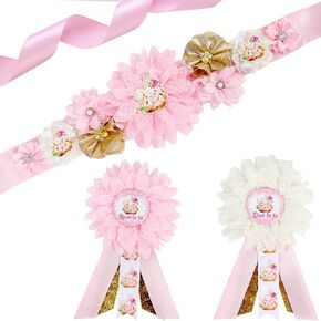 Pig Baby Shower Maternity Sash Kit - Pink Pig Baby Shower Belly Belt and Mom to Be & Dad to Be Corsage Pins, New Parents Pregnancy Photo Props Party Supplies