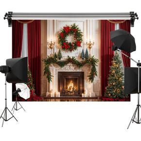 Kate 10x6.5ft/3x2m Christmas Backdrop Fireplace Xmas Tree Wreath Interior Decoration Photo Background Photography Studio Props