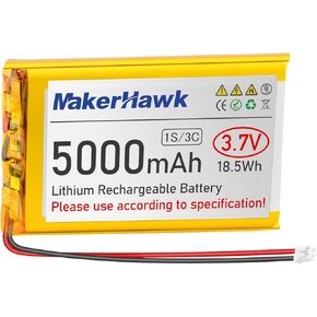 MakerHawk 3.7V 5000mAh LiPo Battery Rechargeable 1S 3C Lithium Polymer Battery with Protection Board Insulated Rubber Tape, PH2.0 Plug for Arduino ESP32 Board RPI Battery Pack UPS (2 Pack)