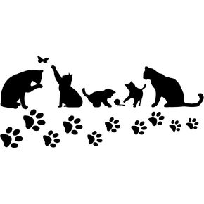 Animal Silhouettes 5 Black Cats catching Butterflies Playing Ball Wall Decal Vinyl cat paw Footprint Sticker Living Room Children's Room Home Staircase Decoration Sticke