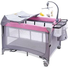 5-in-1 Pack n Play, Baby Bassinet Bedside Sleeper, 3 Height Adjustable Baby Crib with Diaper Changer, Storage Bag & Music Box, Portable Bassinet with Carry Bag, Mattress for Newborn to Toddlers