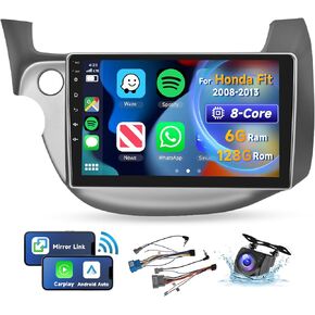[8 CORE 6G+128G] Car Radio for Honda Fit 2008-2013 with Wireless Carplay/Android Auto, 10.1 Inch Android 13 IPS Touch Screen Car Stereo, Bluetooth, GPS Navi, WiFi, SWC, DSP + Backup Camera
