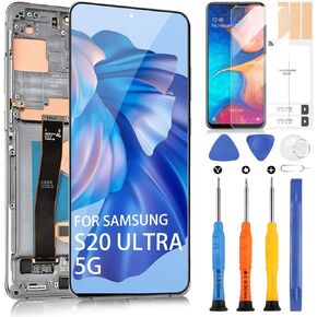 AMOLED for Samsung Galaxy S20 Ultra 5G Screen Replacement, LCD Display Kits for Samsung S20 Ultra G988U G988A G988W Digitizer Touch Screen Assembly with Frame(Silver)