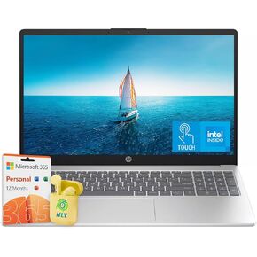 كمبيوتر محمول HP بشاشة تعمل باللمس مقاس 15.6 بوصة، كمبيوتر محمول يعمل بنظام التشغيل Windows 11 Home وذاكرة وصول عشوائي 32 جيجابايت و1 تيرابايت SSD، ومعالج Intel Core i7-1355U 10-Core، وشاشة FHD IPS LED، وMicrosoft Office 365 لمدة عام، وسماعات NLY، فضي