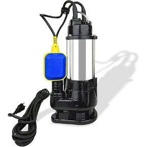 1HP Sewage Pump,6340 GPH Submersible Sewage Pump,Stainless Steel Submersible Sump Pump 110V,Automatic Tethered Float Switch,2" NPT Discharge With 23 ft Power Cord