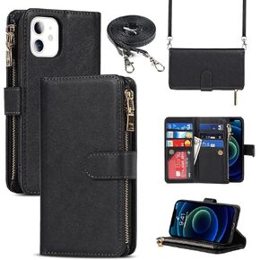 Jaorty for iPhone 12 Mini Phone Case Wallet for Women with Credit Card Holder,Crossbody Case with Strap Shoulder Lanyard, Zipper Pocket PU Leather Cases for iPhone 12 Mini,5.4" Blue