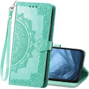 Wallet Case for Google Pixel 9A,Woman Flip Case PU Leather Emboss Mandala Flowers Wrist Strap Folio Card Slots Magnetic Kickstand Protective Phone Cover for Google Pixel 9A Blue