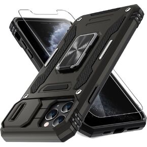 DEERLAMN Case for iPhone 16 Pro Max with Slide Camera Cover+Screen Protector (1 Pack), Rotated Ring Kickstand Military Grade Shockproof Protective Cover-Black