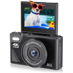 4K Digital Camera for Photography, 64MP UHD Autofocus Vlogging Camera for YouTube with 3 180° Flip Screen, 18X Zoom Compact Travel Camera Webcam for Gift Teens Begginers Adults