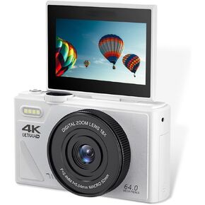 4K Digital Camera for Photography, 64MP UHD Autofocus Vlogging Camera for YouTube with 3 180° Flip Screen, 18X Zoom Compact Travel Camera Webcam for Gift Teens Begginers Adults