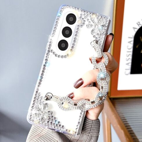 جراب Omio لهاتف Samsung Galaxy Z Fold 6 لطيف للنساء والفتيات فاخر ثلاثي الأبعاد مصنوع يدويًا من حجر الراين اللامع بحزام من اللؤلؤ وسوار على شكل سلسلة زهور كريستال ألماس بلينغ بريق رفيع وغطاء مقاوم للصدمات من البولي كربونات، كريستال in Kuwait