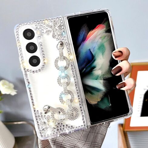 جراب Omio لهاتف Samsung Galaxy Z Fold 6 لطيف للنساء والفتيات فاخر ثلاثي الأبعاد مصنوع يدويًا من حجر الراين اللامع بحزام من اللؤلؤ وسوار على شكل سلسلة زهور كريستال ألماس بلينغ بريق رفيع وغطاء مقاوم للصدمات من البولي كربونات، كريستال in Kuwait