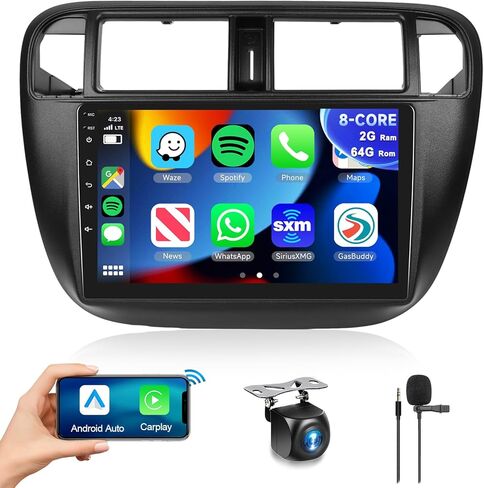 راديو سيارة 8 CORE 2G+64G لسيارة Honda Civic 1996-2001 مع CarPlay/Android Auto، Podofo 9 بوصة 1280 * 720P IPS شاشة لمس ستيريو Android 13 GPS WiFi Bluetooth DSP SWC + كاميرا احتياطية عالية الدقة in Saudi Arabia