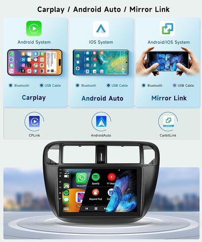 راديو سيارة 8 CORE 2G+64G لسيارة Honda Civic 1996-2001 مع CarPlay/Android Auto، Podofo 9 بوصة 1280 * 720P IPS شاشة لمس ستيريو Android 13 GPS WiFi Bluetooth DSP SWC + كاميرا احتياطية عالية الدقة in Saudi Arabia