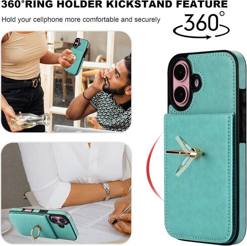 محفظة KIHUWEY لهاتف iPhone 16 مع حامل بطاقة الائتمان، حلقة دوران 360 درجة من جلد البولي يوريثان بمشبك مغناطيسي، غطاء حماية شديد التحمل للنساء والرجال 6.1 بوصة (أخضر نعناعي) in Kuwait