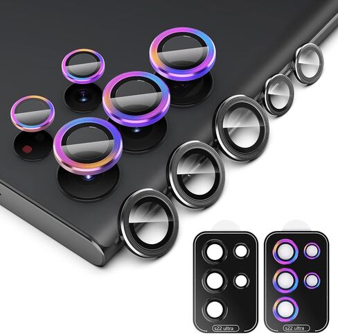 Simpeak 2 Pack Individual Camera Lens Protector Compatible with Samsung Galaxy S22 Ultra 5G 2022, 9H Tempered Glass Camera Cover Metal Ring for S22 Ultra [Installation Tray], Black+Colorful in Saudi Arabia