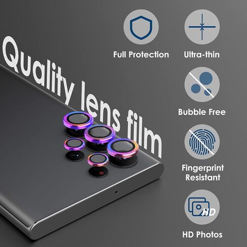 Simpeak 2 Pack Individual Camera Lens Protector Compatible with Samsung Galaxy S22 Ultra 5G 2022, 9H Tempered Glass Camera Cover Metal Ring for S22 Ultra [Installation Tray], Black+Colorful in Saudi Arabia