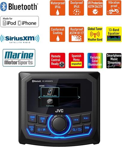 JVC KD-MR305BTS Marine Motorsports 2.7 بوصة شاشة LCD USB بلوتوث AM/FM/Weatherband راديو استقبال الوسائط الرقمية مع كاميرا احتياطية للرؤية الخلفية مقاومة للماء in Saudi Arabia