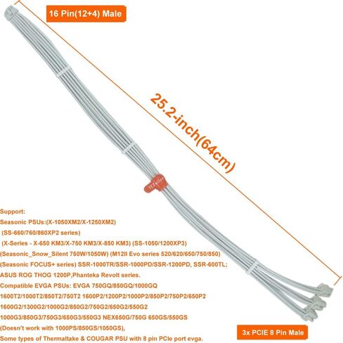 12VHPWR Cable for EVGA Seasonic PSUs, 16 Pin(12+4) to 2X 8 Pin PCIe 5.0 Gen5 GPU Cable Compatible with GPU 3090Ti RTX 4080 4090 25.2-inch(64cm) Black in Kuwait