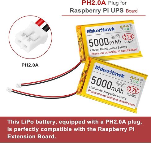 MakerHawk 3.7V 5000mAh LiPo Battery Rechargeable 1S 3C Lithium Polymer Battery with Protection Board Insulated Rubber Tape, PH2.0 Plug for Arduino ESP32 Board RPI Battery Pack UPS (2 Pack) in Saudi Arabia