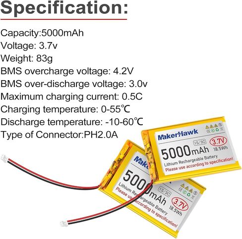 MakerHawk 3.7V 5000mAh LiPo Battery Rechargeable 1S 3C Lithium Polymer Battery with Protection Board Insulated Rubber Tape, PH2.0 Plug for Arduino ESP32 Board RPI Battery Pack UPS (2 Pack) in Saudi Arabia