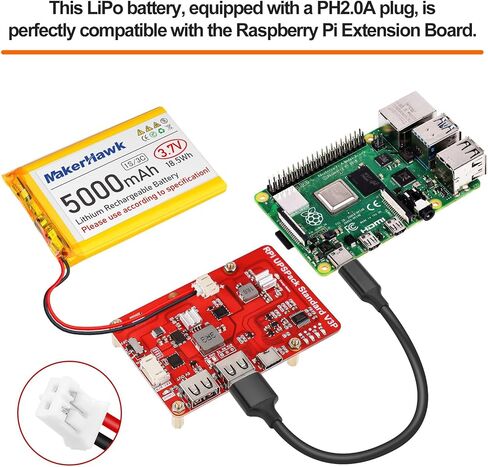 MakerHawk 3.7V 5000mAh LiPo Battery Rechargeable 1S 3C Lithium Polymer Battery with Protection Board Insulated Rubber Tape, PH2.0 Plug for Arduino ESP32 Board RPI Battery Pack UPS (2 Pack) in Saudi Arabia