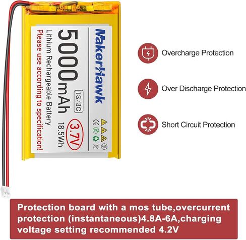 MakerHawk 3.7V 5000mAh LiPo Battery Rechargeable 1S 3C Lithium Polymer Battery with Protection Board Insulated Rubber Tape, PH2.0 Plug for Arduino ESP32 Board RPI Battery Pack UPS (2 Pack) in Saudi Arabia