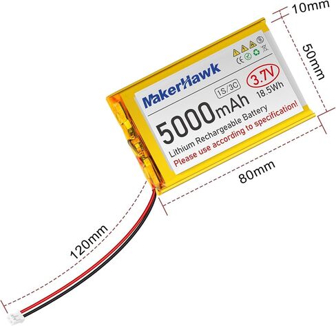 MakerHawk 3.7V 5000mAh LiPo Battery Rechargeable 1S 3C Lithium Polymer Battery with Protection Board Insulated Rubber Tape, PH2.0 Plug for Arduino ESP32 Board RPI Battery Pack UPS (2 Pack) in Saudi Arabia