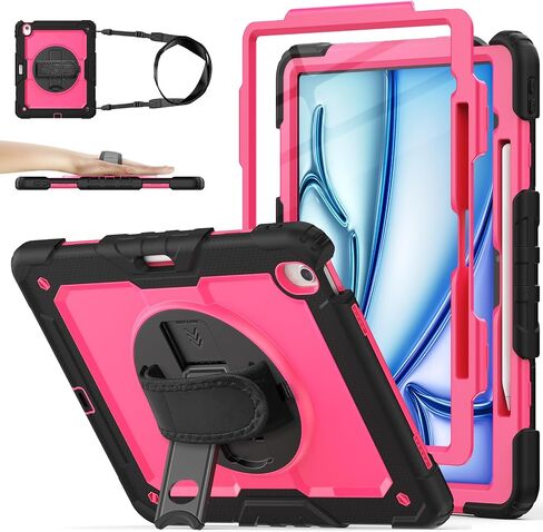 ZOVEEK Case for iPad Air 13 Inch M2 2024 with Screen Protector, Pencil Holder, Military Shockproof Protective Case with 360°Rotating Hand Strap & Stand, Shoulder Strap (Pink+Black) in Saudi Arabia