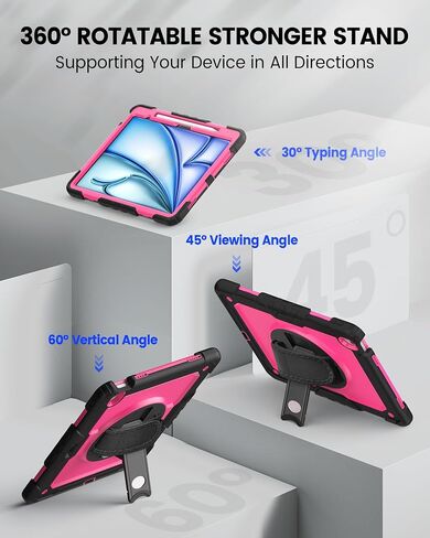 ZOVEEK Case for iPad Air 13 Inch M2 2024 with Screen Protector, Pencil Holder, Military Shockproof Protective Case with 360°Rotating Hand Strap & Stand, Shoulder Strap (Pink+Black) in Saudi Arabia