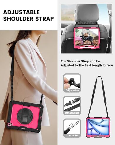 ZOVEEK Case for iPad Air 13 Inch M2 2024 with Screen Protector, Pencil Holder, Military Shockproof Protective Case with 360°Rotating Hand Strap & Stand, Shoulder Strap (Pink+Black) in Saudi Arabia