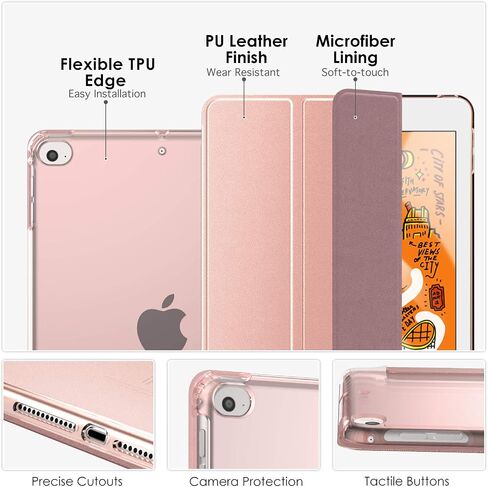 حافظة MoKo تناسب iPad Mini 5 2019 (الجيل الخامس 7.9 بوصة) iPad Mini 4، غطاء حماية نحيف بحامل قابل للطي مع ظهر متجمد شفاف ناعم من مادة TPU، تنبيه/غفو تلقائي - ذهبي وردي in Saudi Arabia