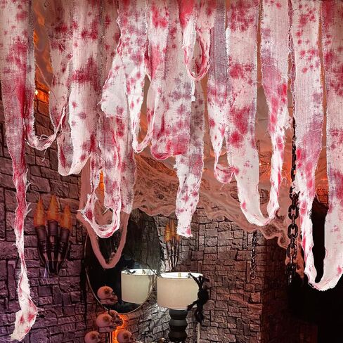 2pcs 16 ft Halloween Creepy Blood Cloth, Scary Gauze with Bloody Prints, Scary Blood Strip Drape Spooky Blood Gauze Cloth Blood Bandage for Halloween Party Doorway Curtain Costume Decor in Saudi Arabia