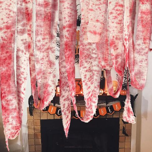 2pcs 16 ft Halloween Creepy Blood Cloth, Scary Gauze with Bloody Prints, Scary Blood Strip Drape Spooky Blood Gauze Cloth Blood Bandage for Halloween Party Doorway Curtain Costume Decor in Saudi Arabia