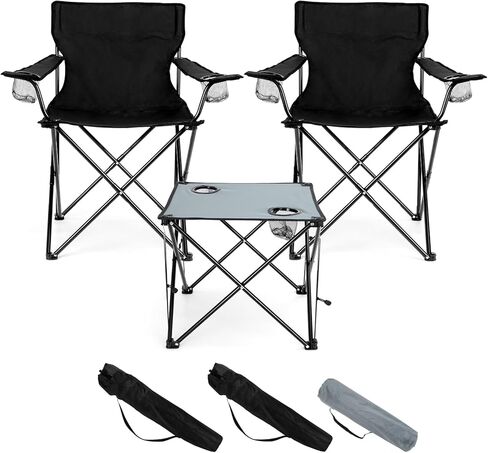 HaSteeL Camping Chairs Set for Adults, 2 Black Folding Moon Chairs & 1 Lightweight Camp Table, with Side Pockets & Cup Holders, Carrying Bags Portable for Outdoor Travel Beach Backyard Fishing Hiking in Saudi Arabia